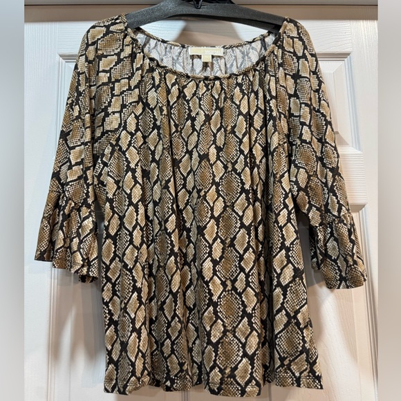 Michael Kors Tan and Brown Graphic 3/4 Sleeve Blouse - Picture 1 of 6